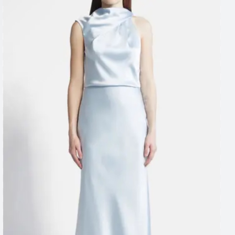 NEW Amsale Fluid Satin Draped Neck Dress in Ice Blue BHLDN Gown Asymetrical - Picture 10 of 10